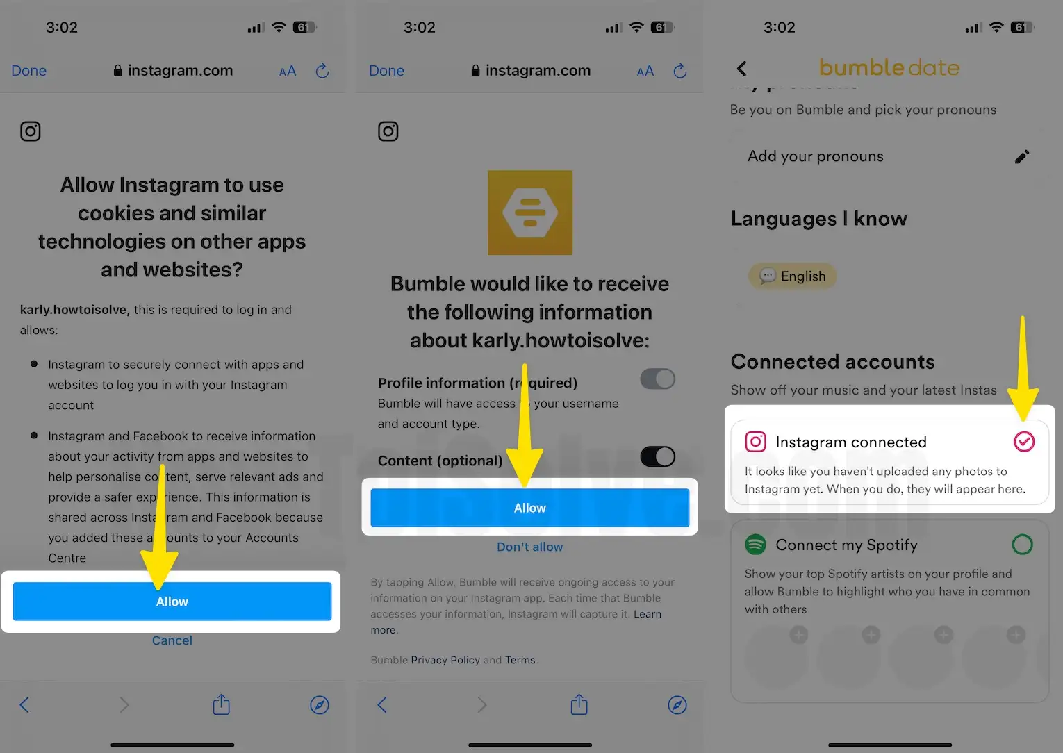 Select Allow tap on Allow check instagram connected on iPhone