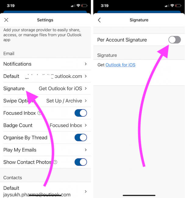 Изменить подпись Outlook в приложении Outlook для iPhone