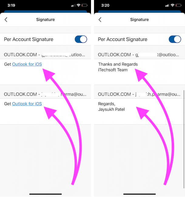 Изменить подпись учетной записи электронной почты Outlook из приложения для iPhone