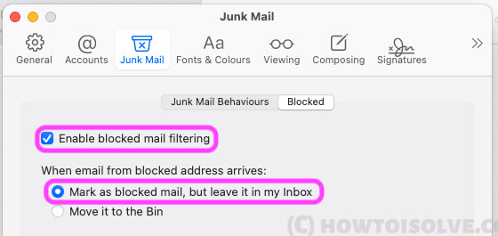 Enable Blocked Email filtering and keep in inbox