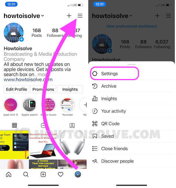 Instagram Account settings on Instagram app
