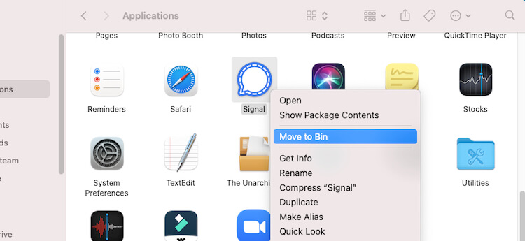 Move to bin signal app on Mac