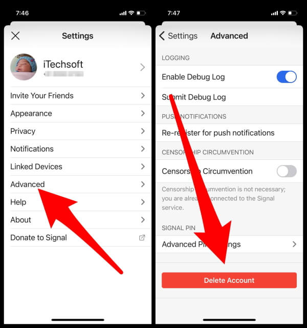 Remove phone number from signal app and delete account on iPhone
