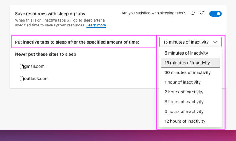 Specified Time for Activate Sleeping Tab on Edge Mac or PC