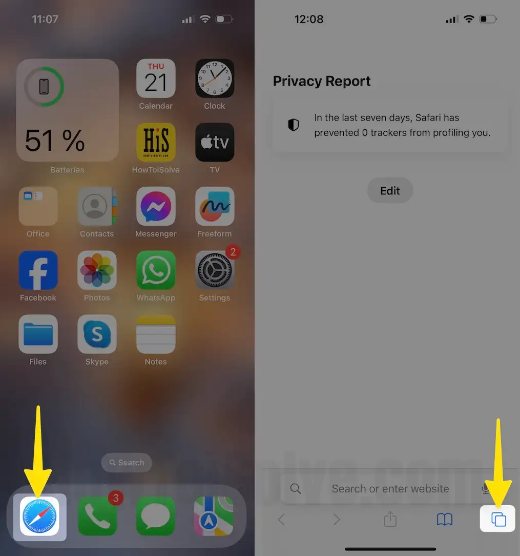 Open Safari Select Tabs Icon on iPhone