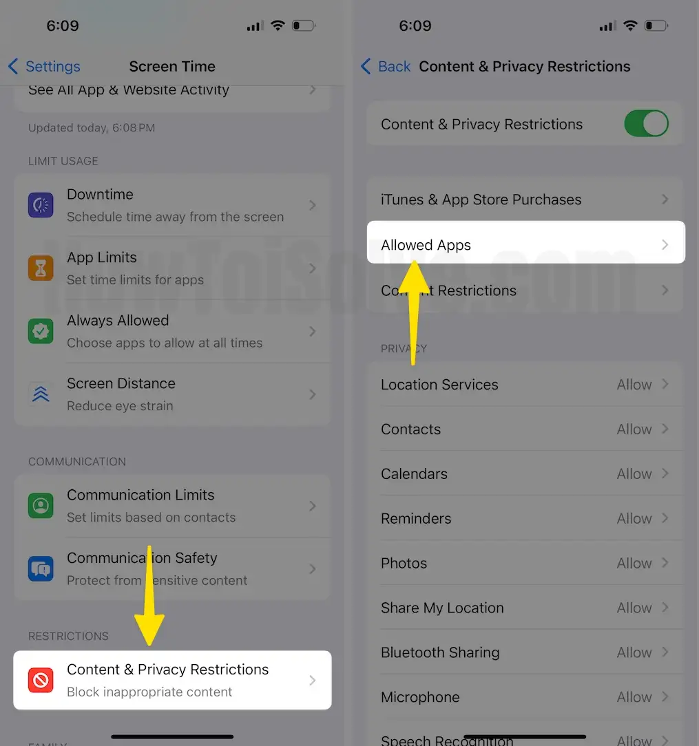 Select Content & Privacy Restrictions Tap on Allowed Apps on iPhone