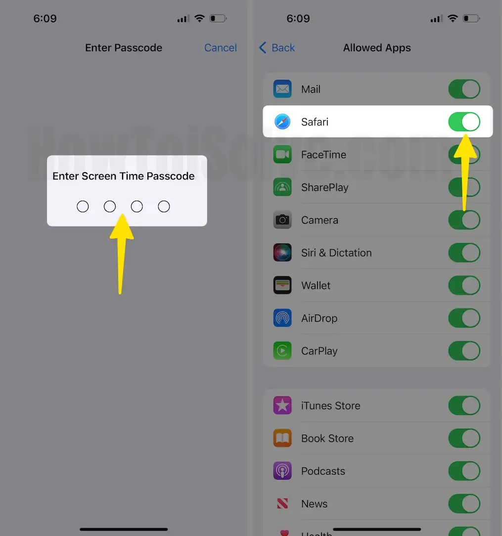 Enter Screen time Passcode Enable Safari on iPhone
