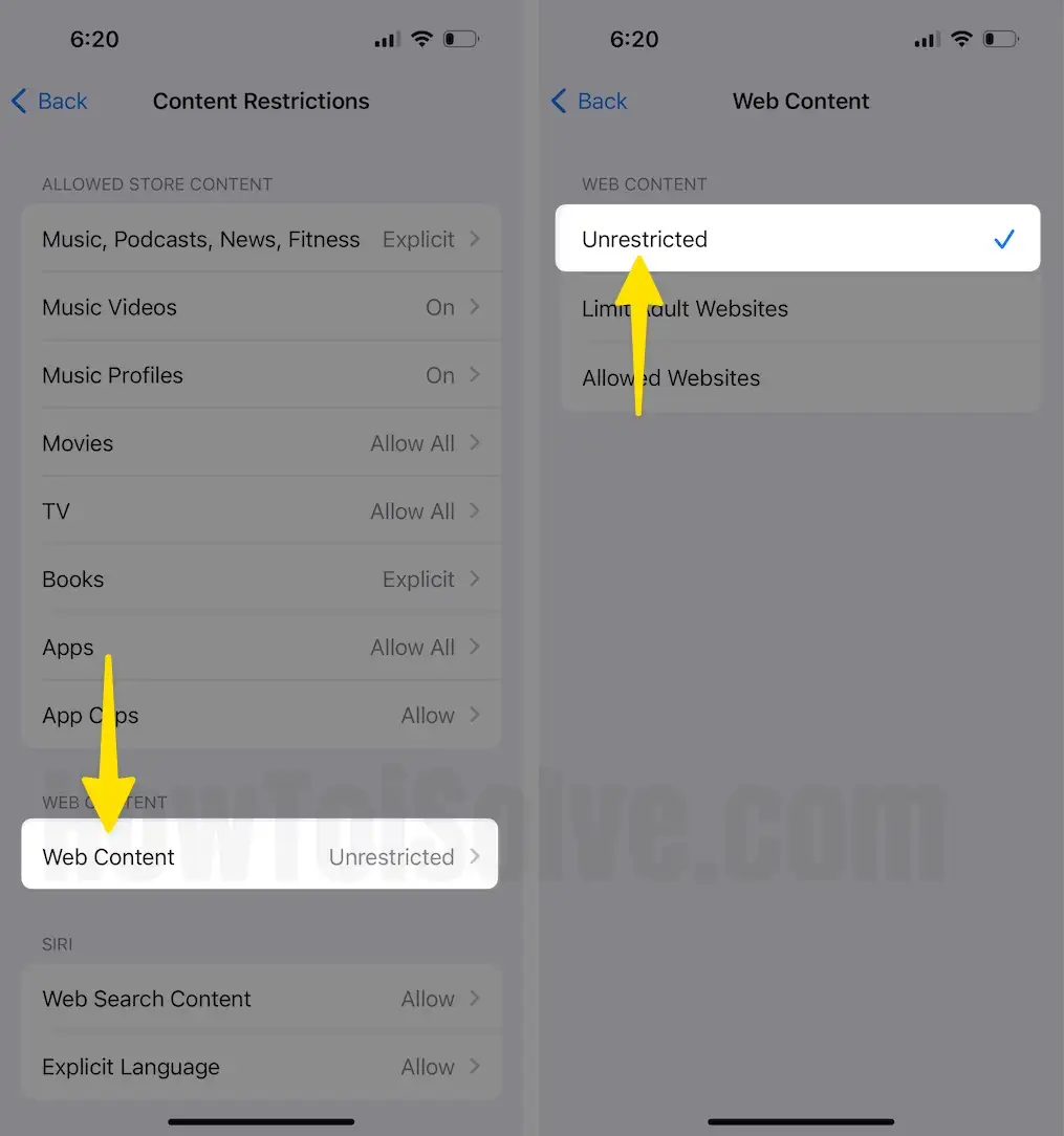 Tap on Web Content Choose Unrestricted on iPhone