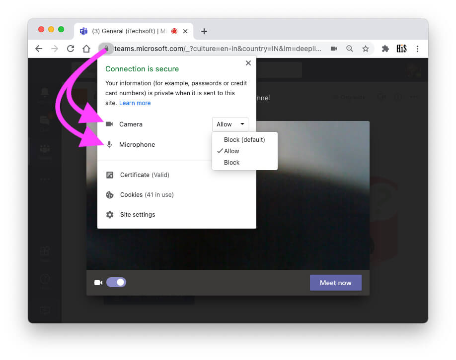 Enable Camera or Microphone for Microsoft Team on Browser
