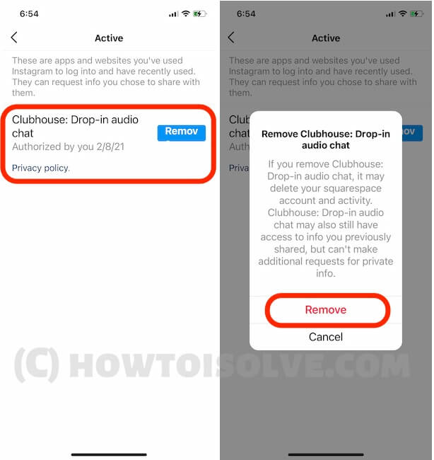 Remove Clubhouse app access on Instagram app