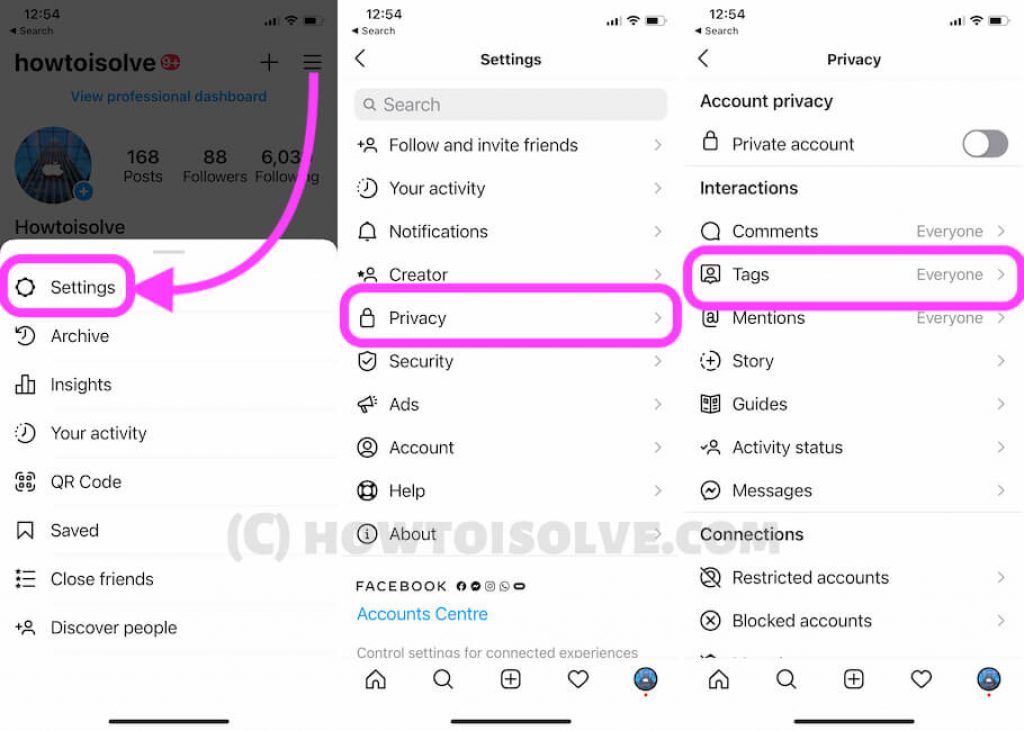 Settings for Tag on instagram and turn off it
