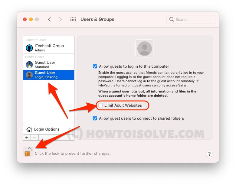 Turn off Limit Adult Website for Safari Mac for Guest User