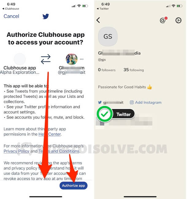 Twitter connected on Clubhouse Profile