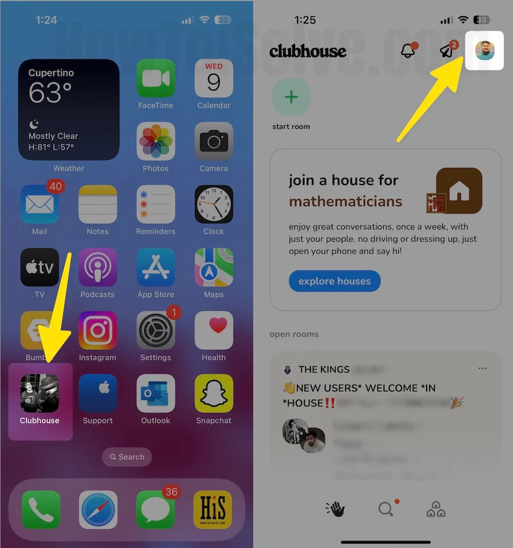 Open clubhouse app tap on your profile icon on iphone