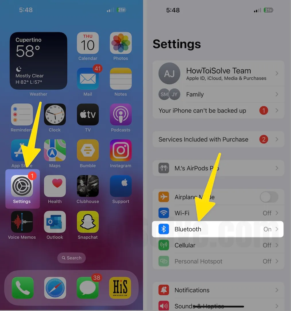 Open the settings tap bluetooth on iphone