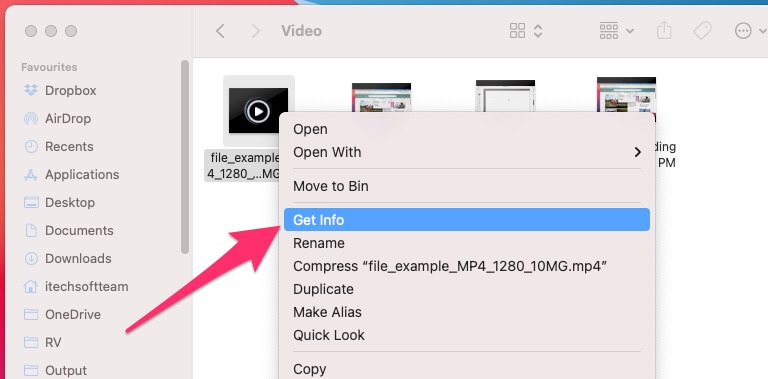 Get info option for Video file on Mac