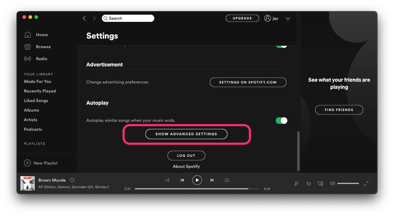 Show Advanced settings on spotify app on mac