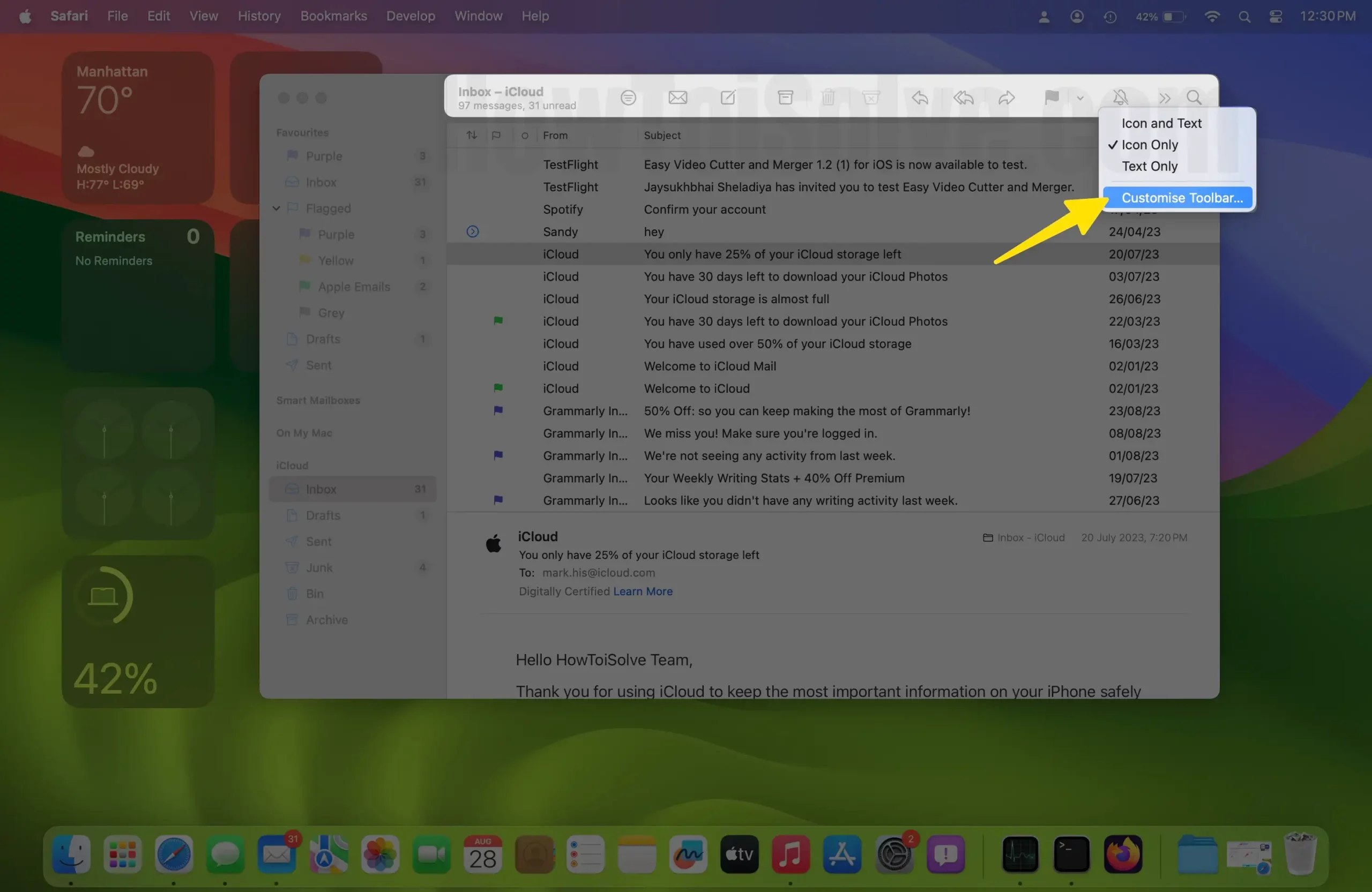 Customize toolbar on mail app on mac