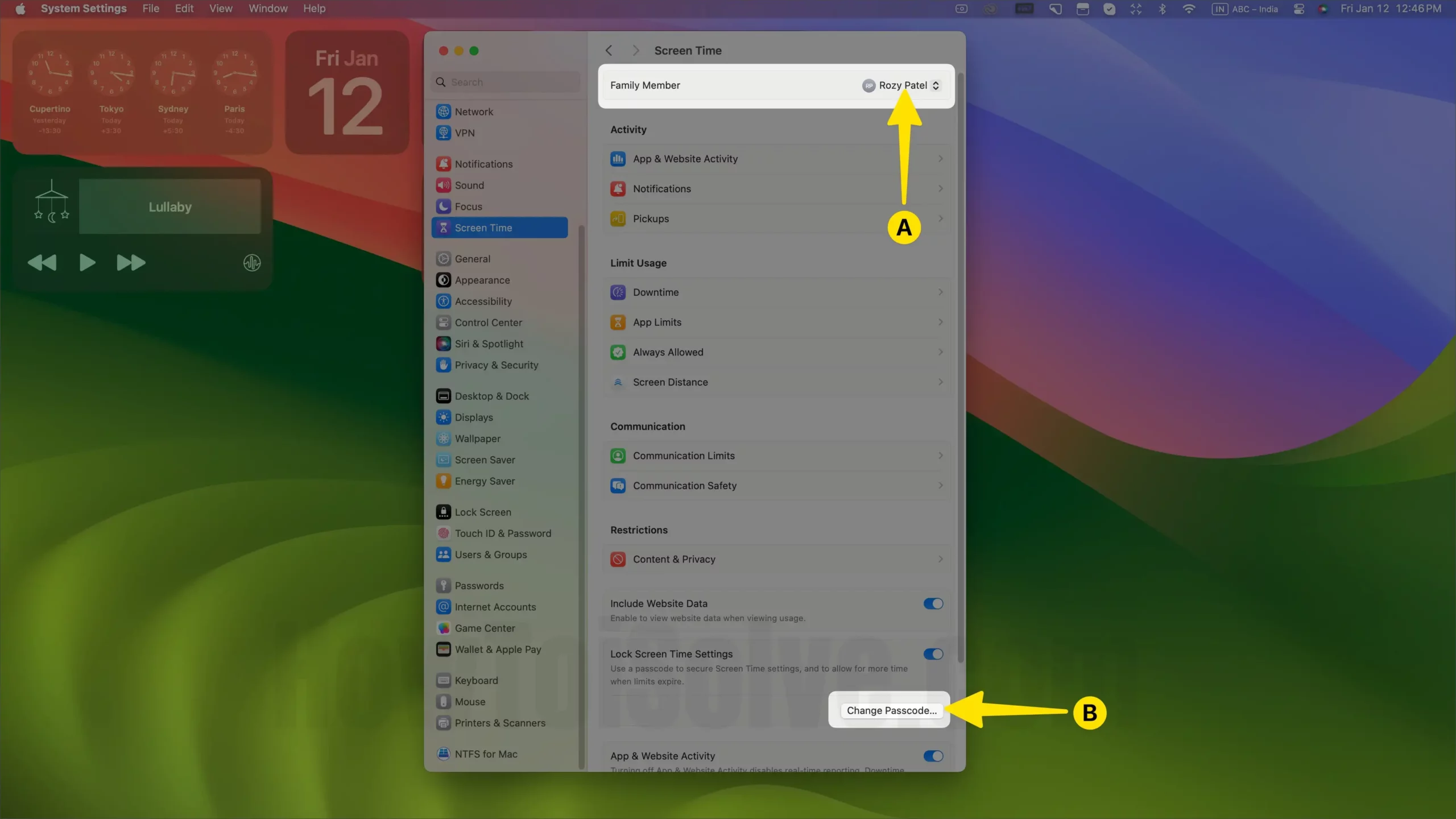 Tap on Child Account Name Select the Change Passcode on Mac