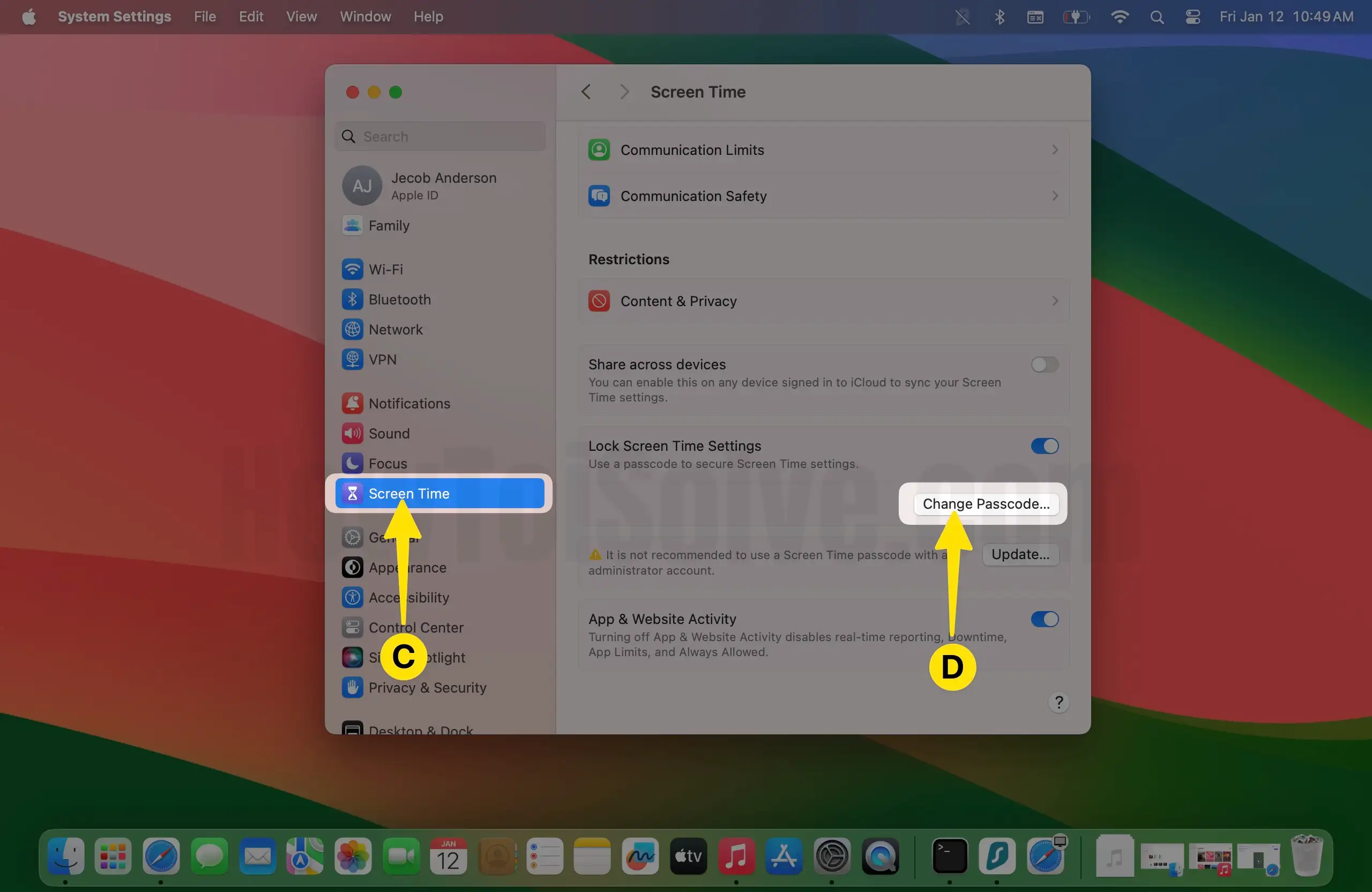 Click on Screen Time Select Change Passcode on Mac