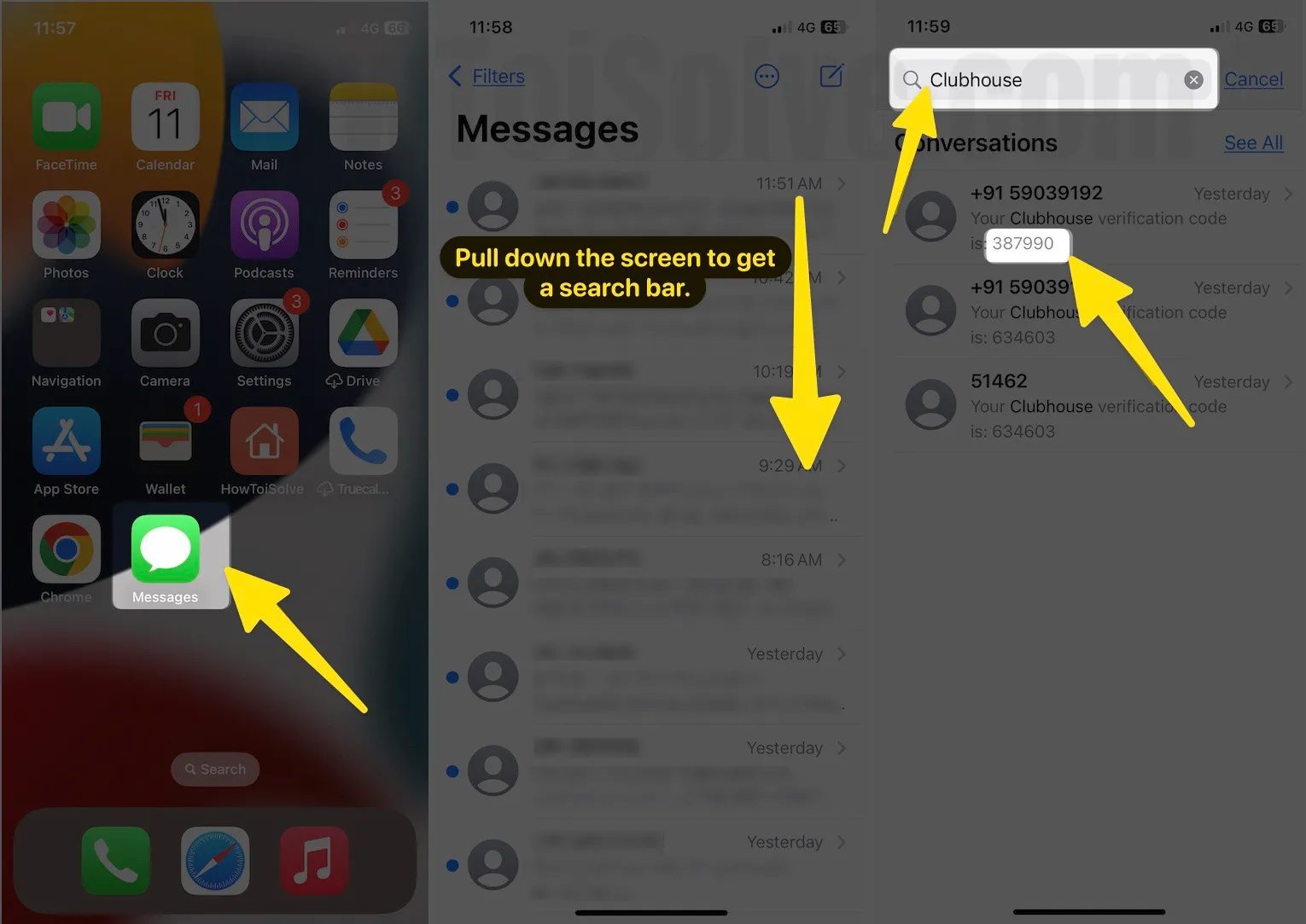 Open messages app swipe down the screen type clubhouse into search bar on iphone