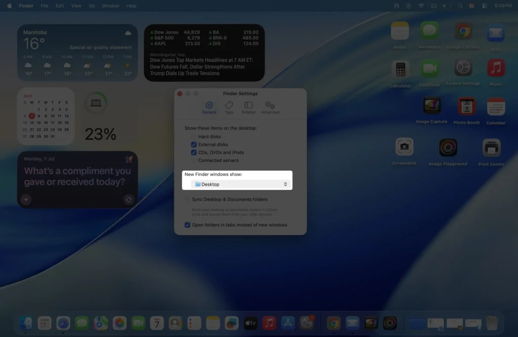 Setting for New Finder windows show in Finder window on macos computer