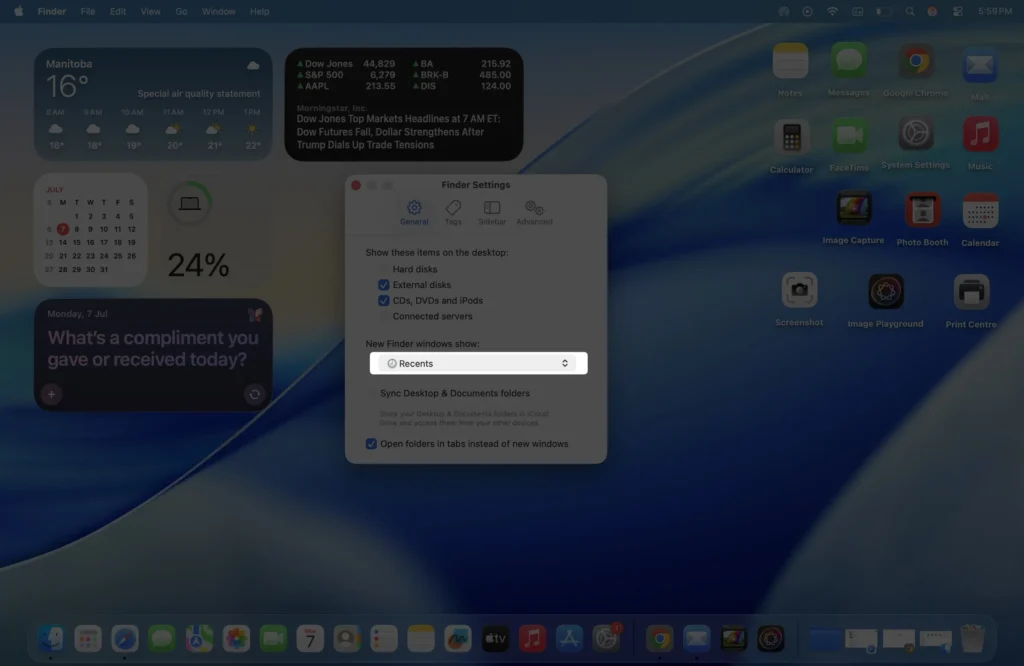 change recents macos finder setting