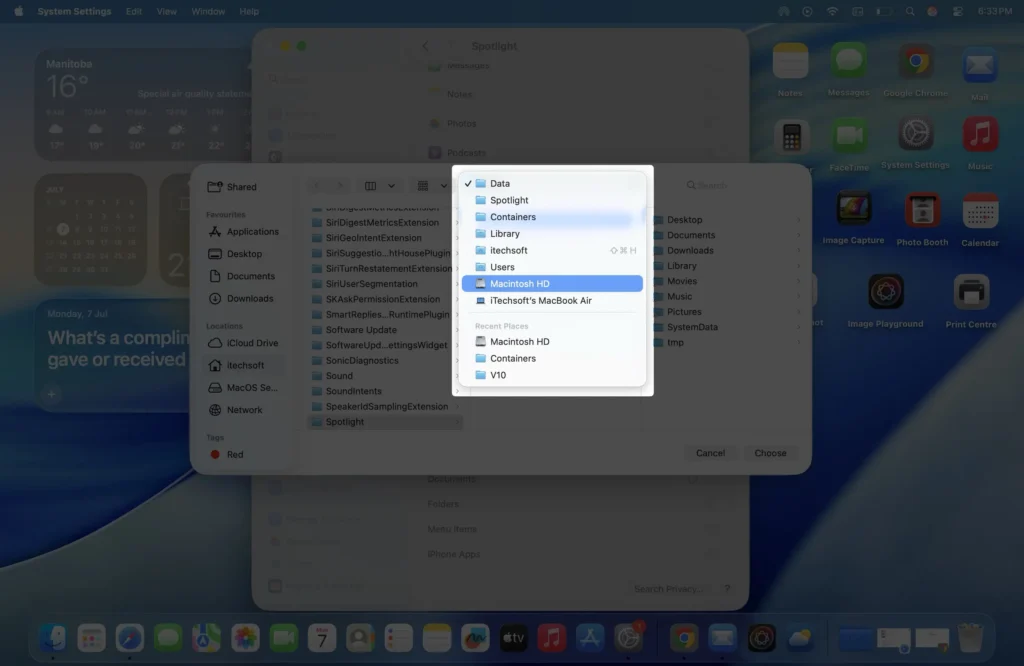 choose a specific location for exclude recent on macos computer