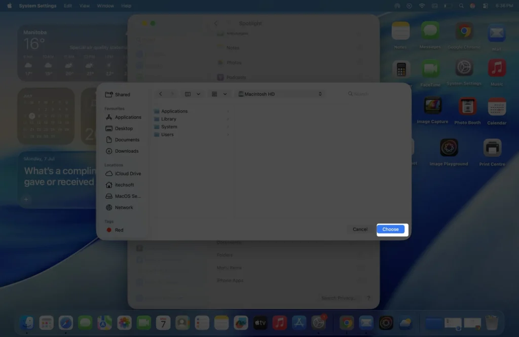 click on choose button to save changes for recent hide in spotlight on macos computer