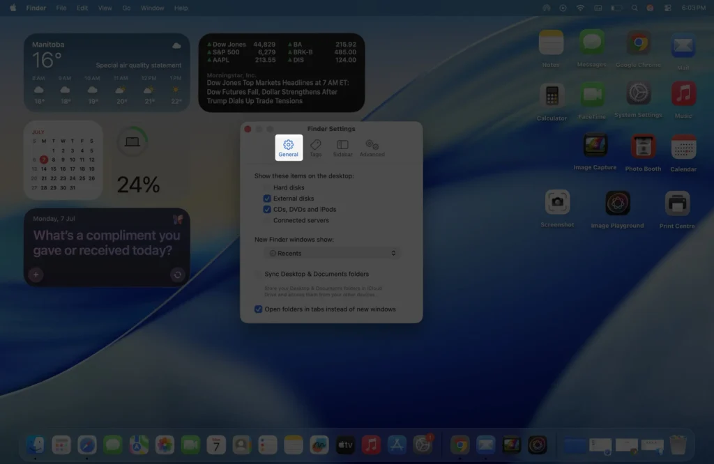 click on general setting in finder app on macos computer