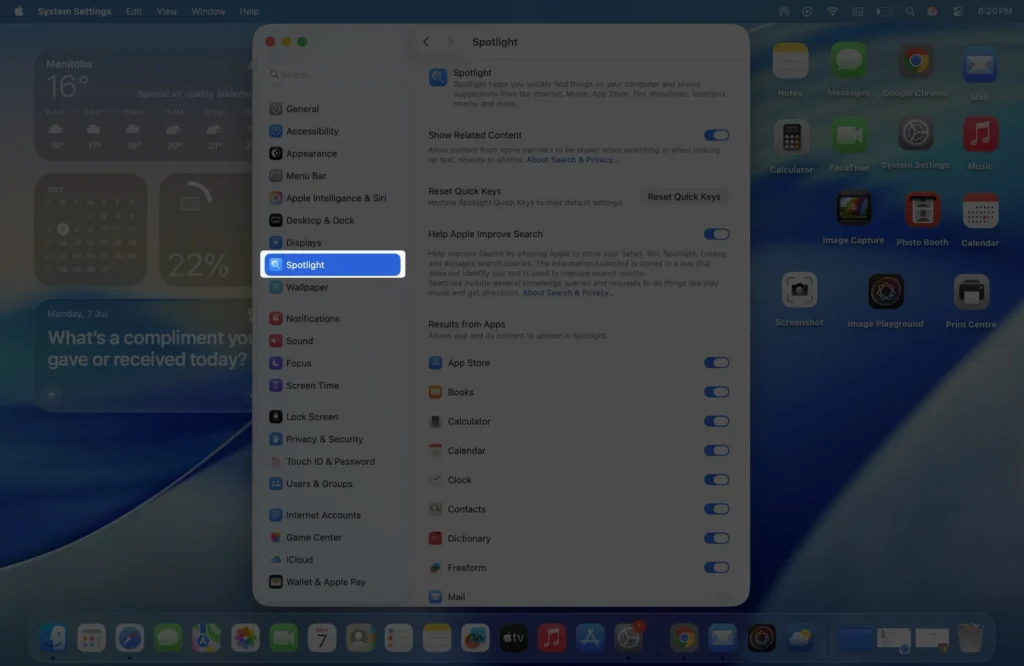 open spotlight search setting on macos computer