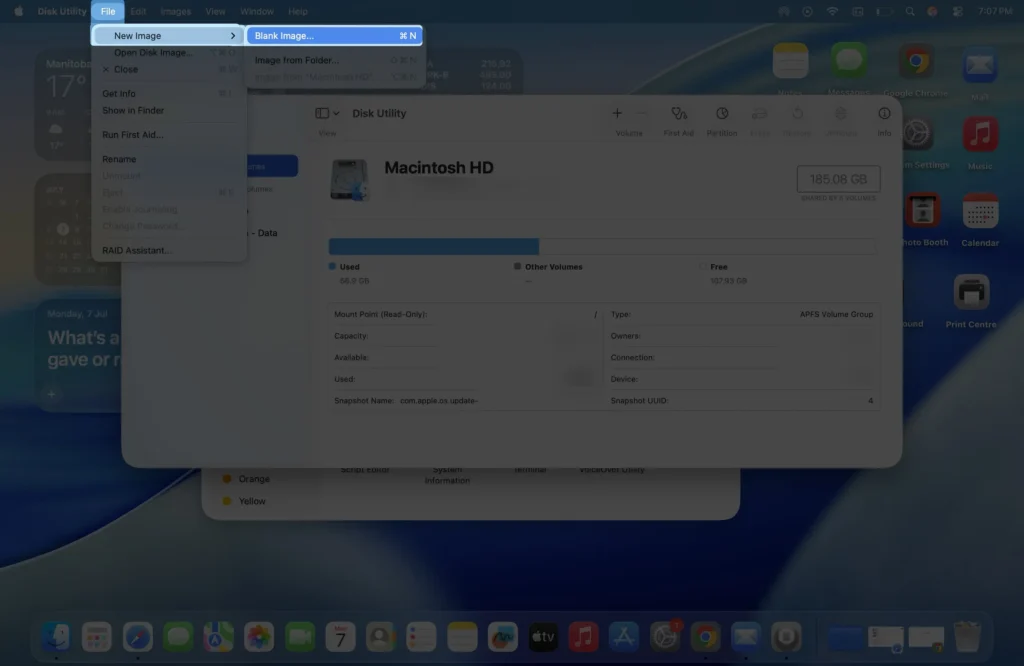 open the disk utility app on macos computer to create blank image on macos