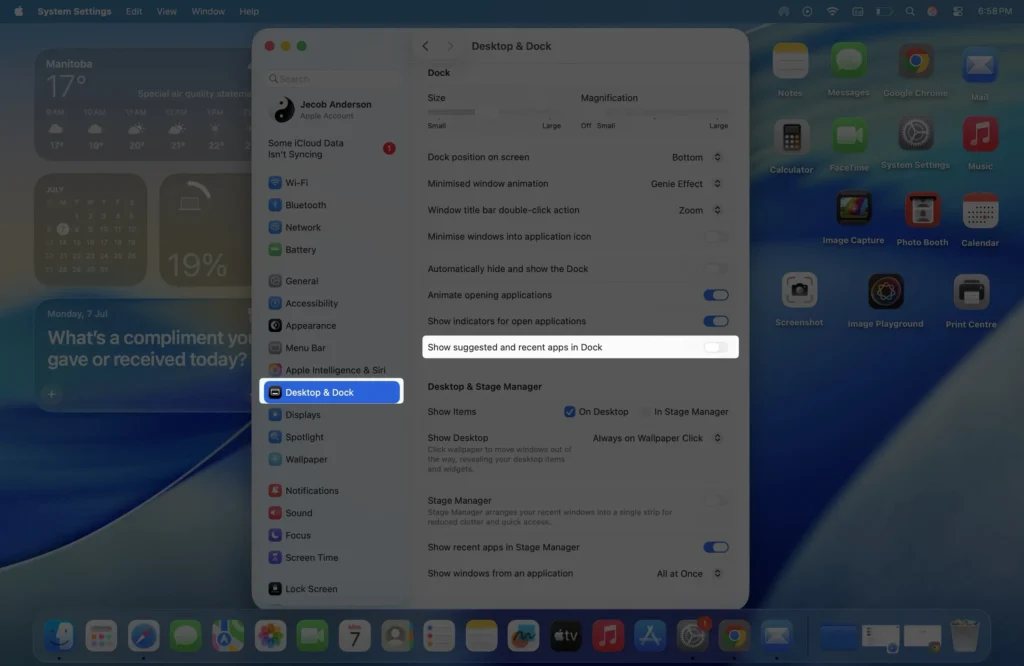 settings to adjust Show suggested and recent apps in Dock on macos computer