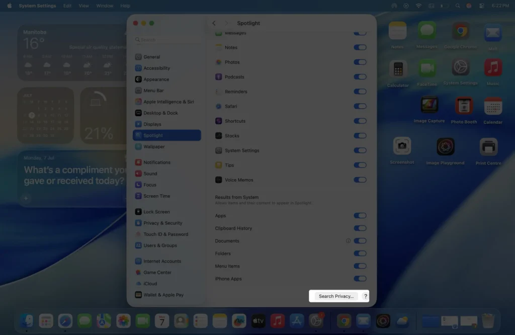 spotlight search privacy setting on macos computer