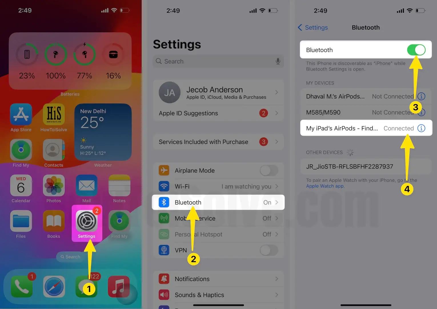 Launch the settings app next tap on bluetooth turn on bluetooth then connect on iPhone