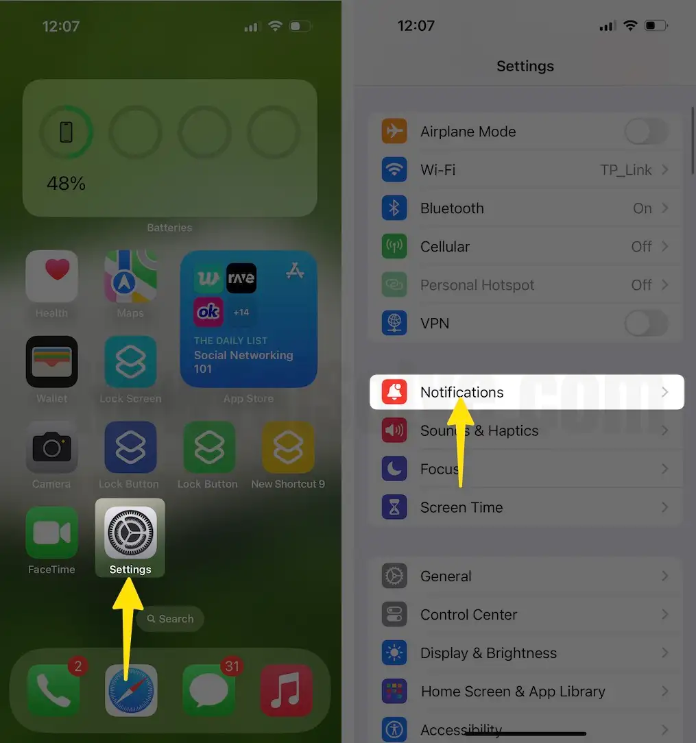 Open the settings app tap notifications option on iPhone