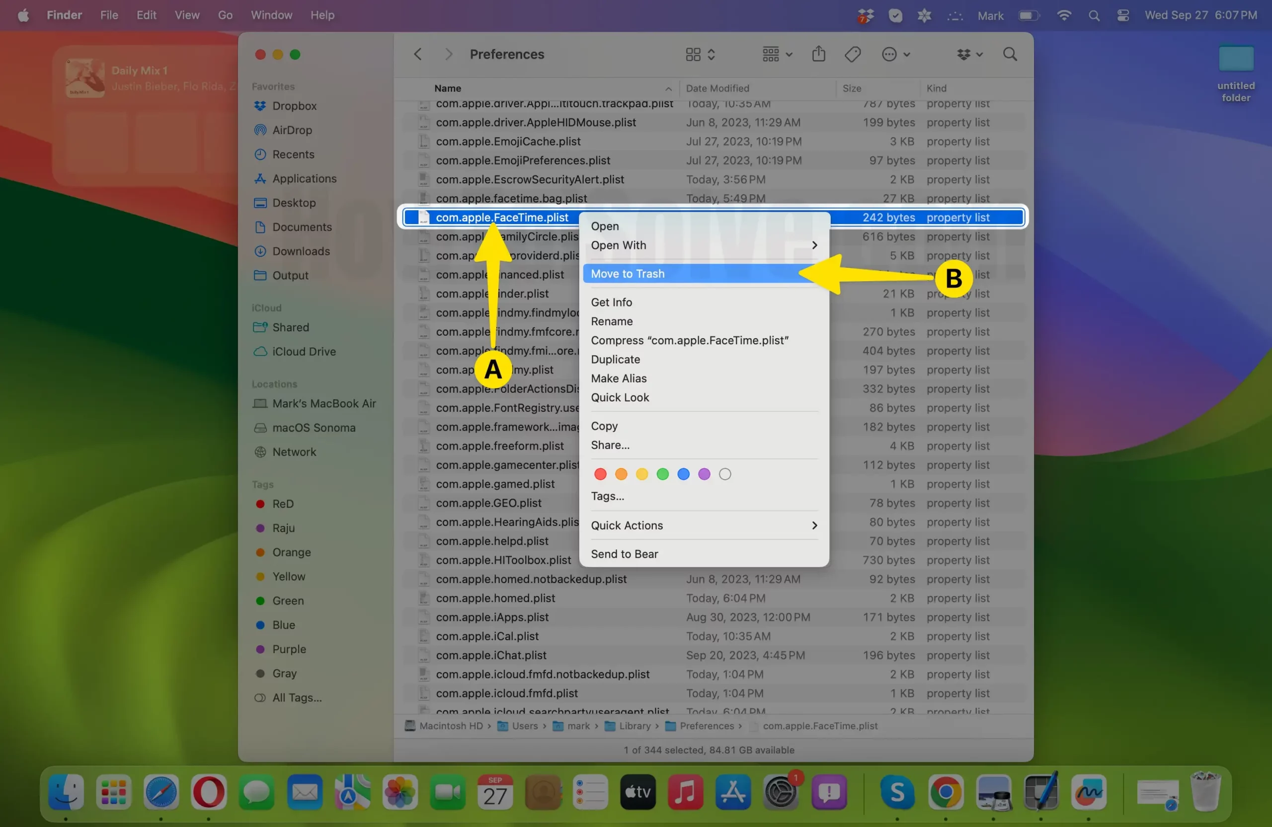 Select on file com.apple.FaceTime.plist then double click on move to trash on ac