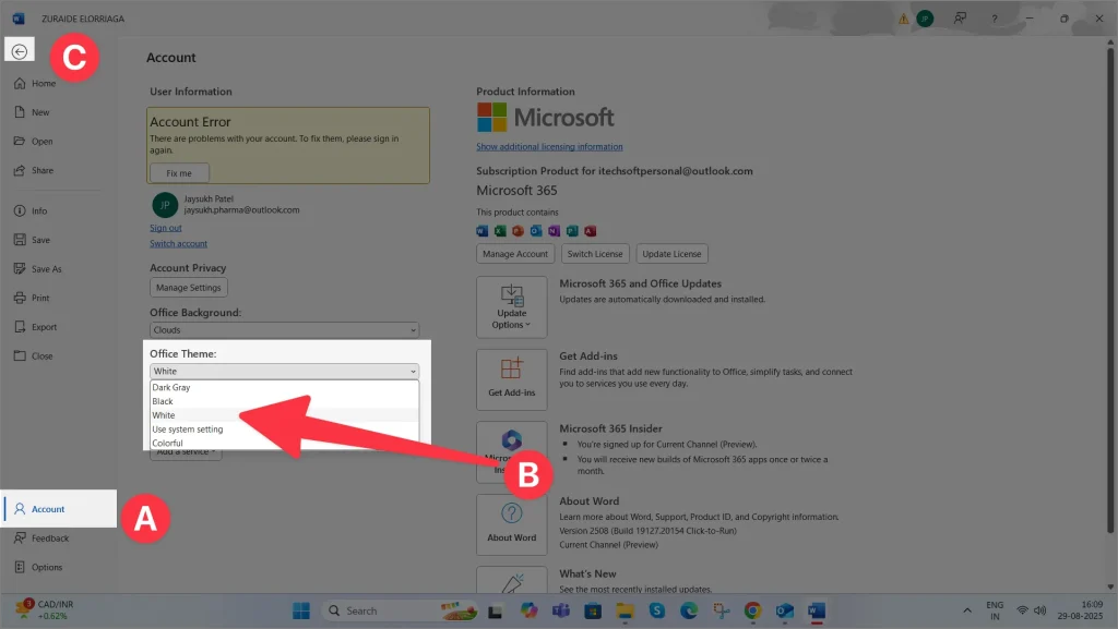 Turn off dark mode in word document