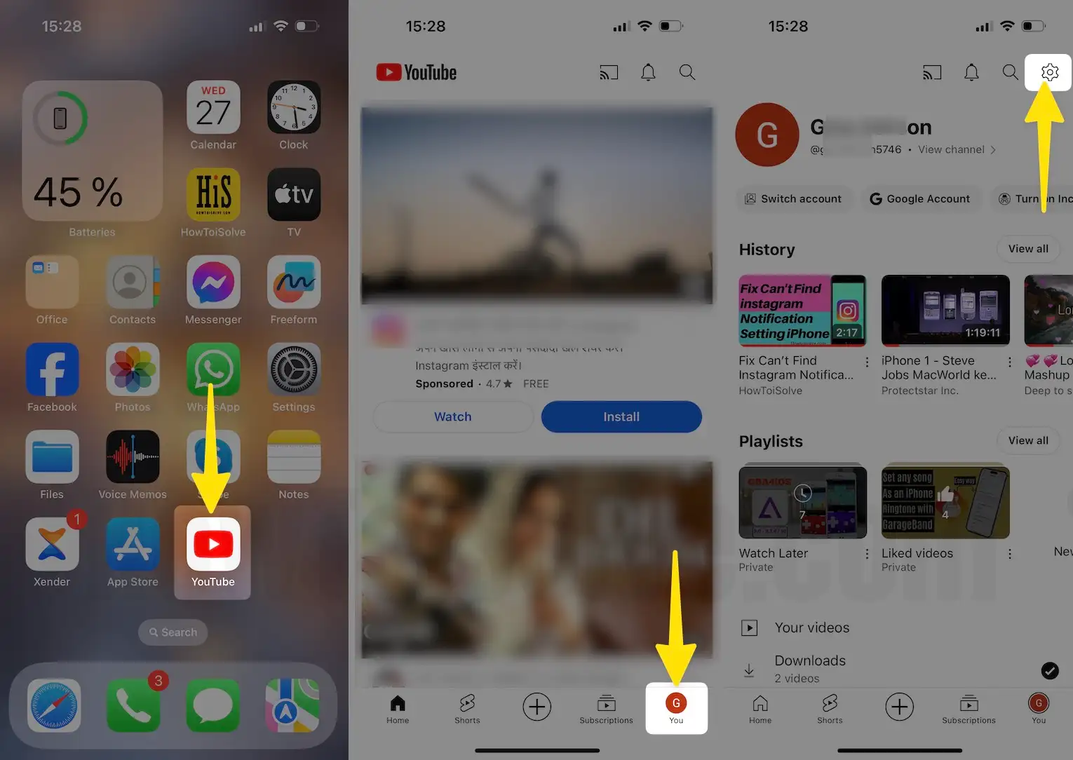 Launch the youtube app tap profile name click settings on iPhone