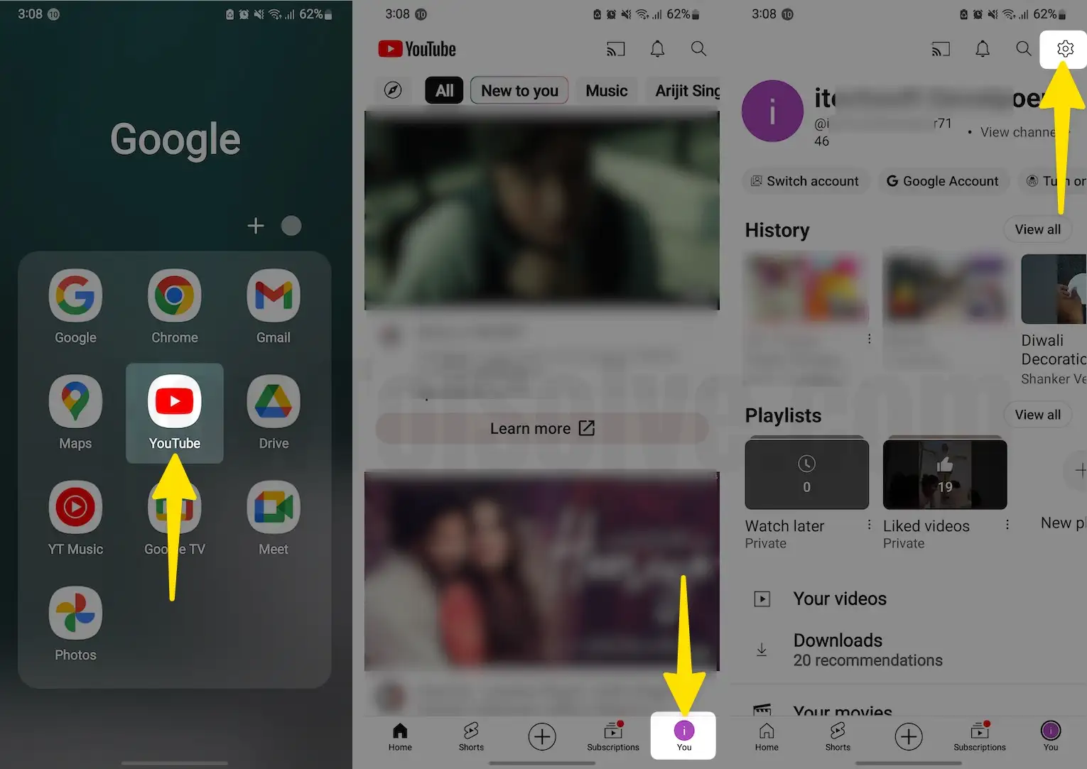 Launch the youtube app tap profile name click settings on iPhone