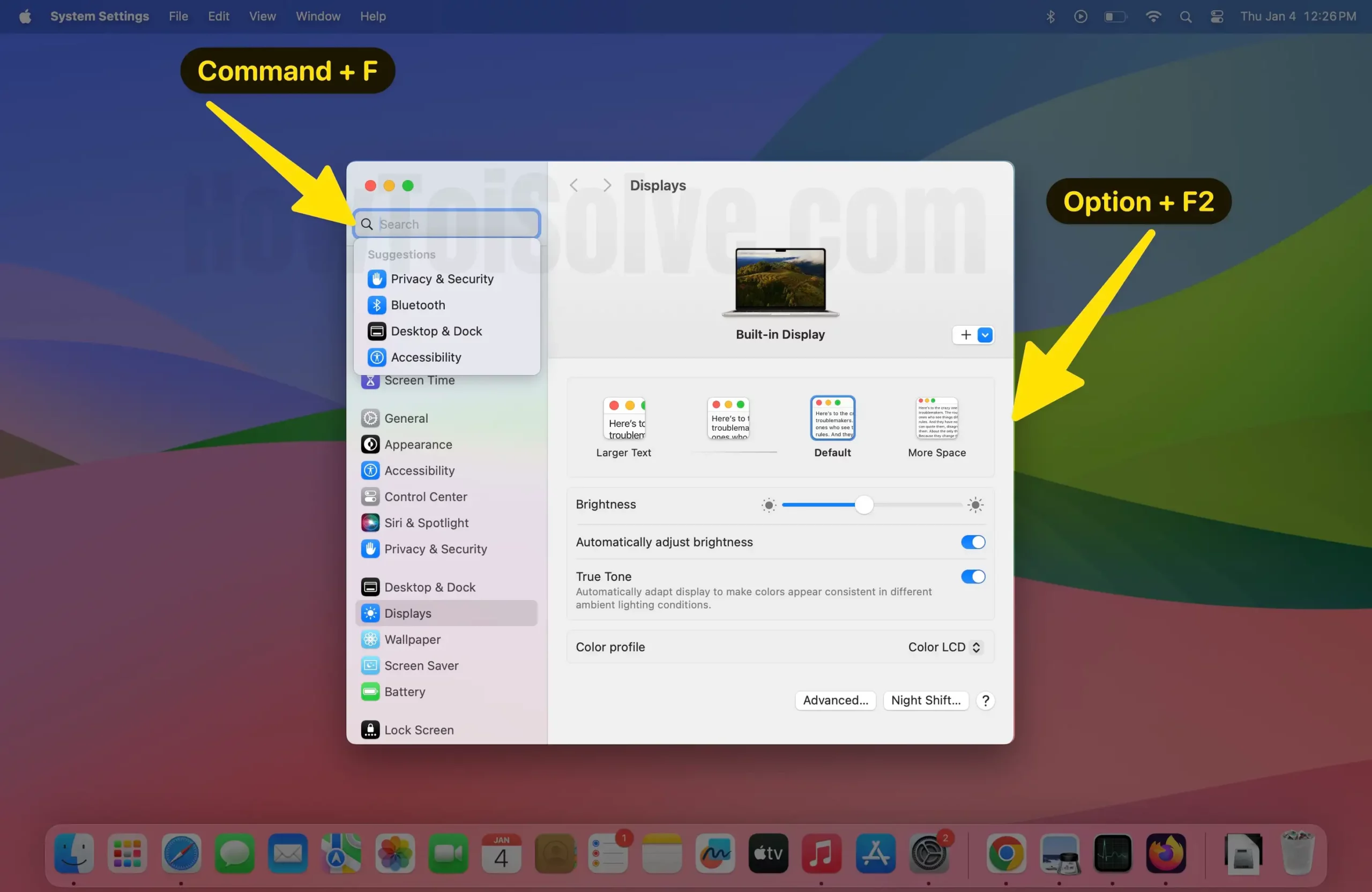 Option + F2 system settings command + f search bar on mac