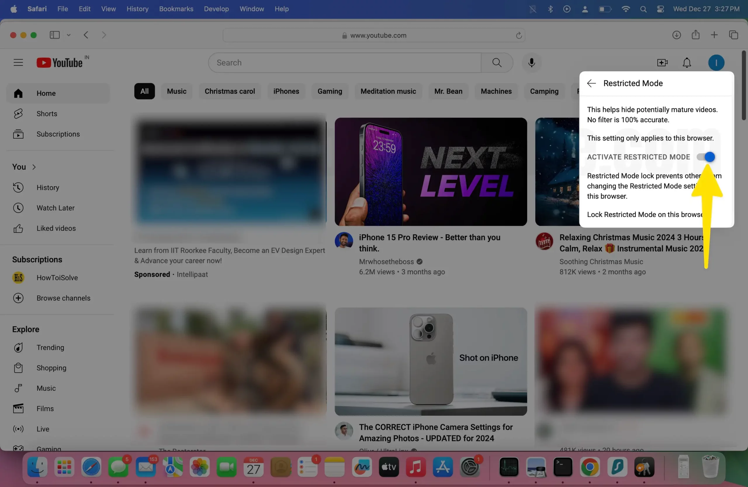 Enable toggle on activate redtricted mode on mac