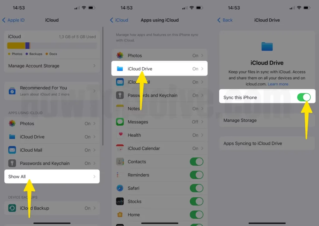 Click show all tap iCloud drive enable toggle sync this iPhone on iPhone
