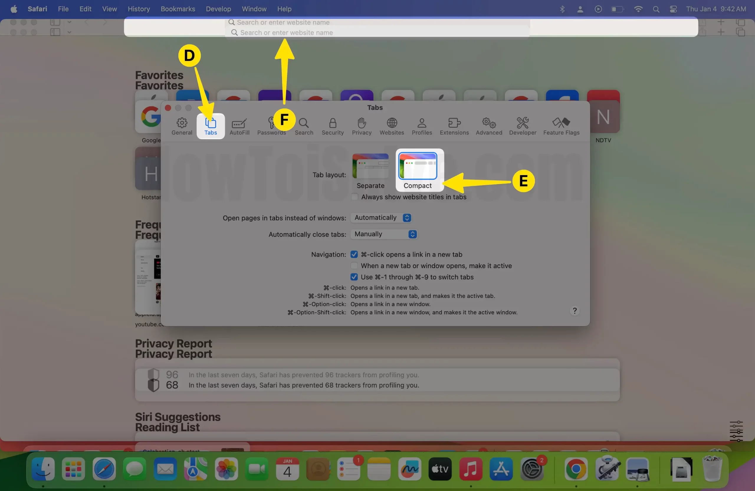 safari tabs layout Select the Tab Choose Compact Layout Preview of Compact Layout look in Safari on Mac