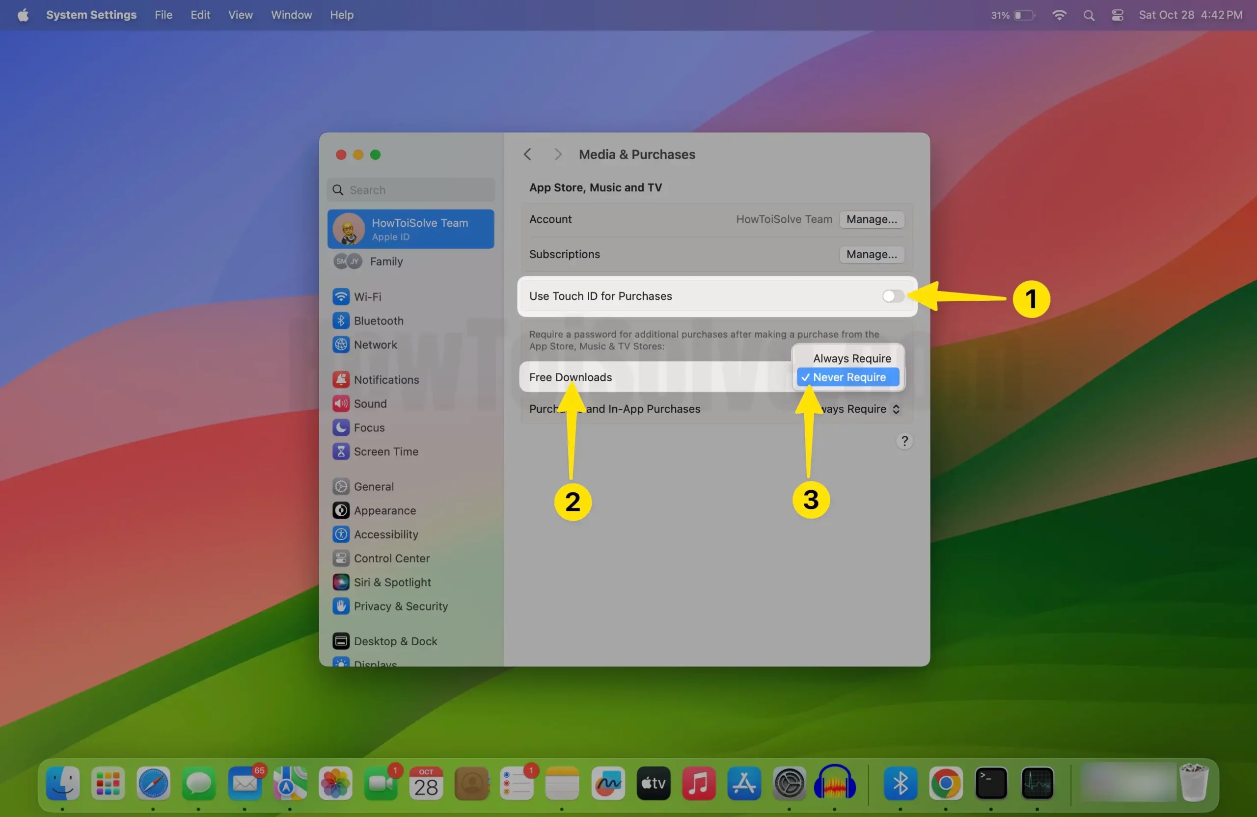 Disable Toggle Use Touch ID for Purchases Click Free Downloads Select Never Require On Mac