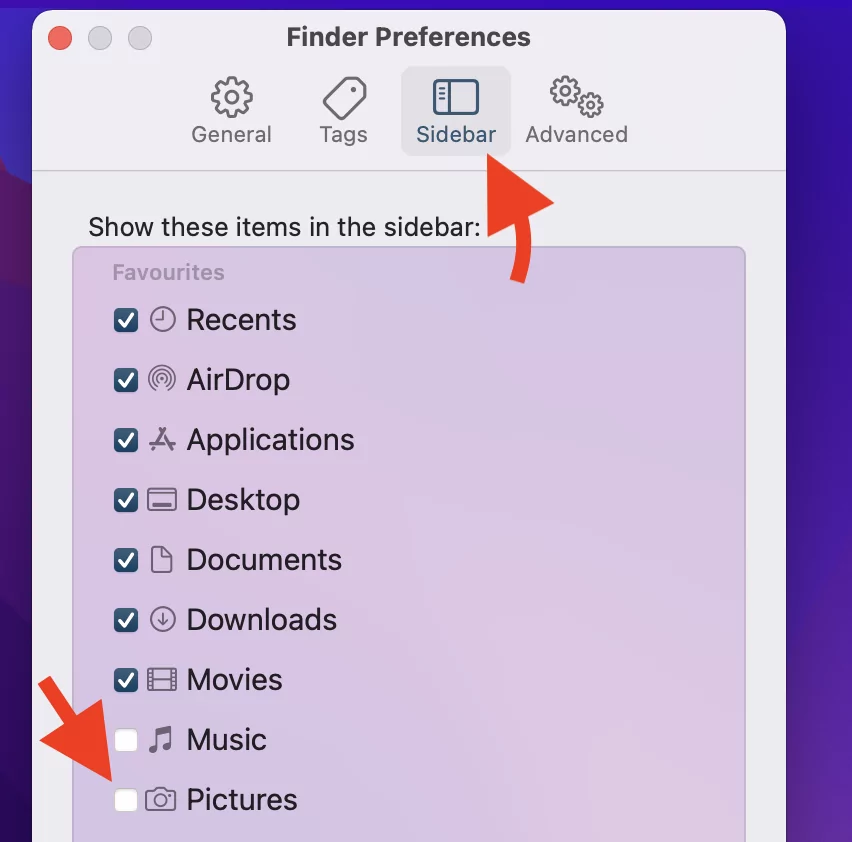 untick-boc-of-pictures-in-finder-sidebar-on-mac