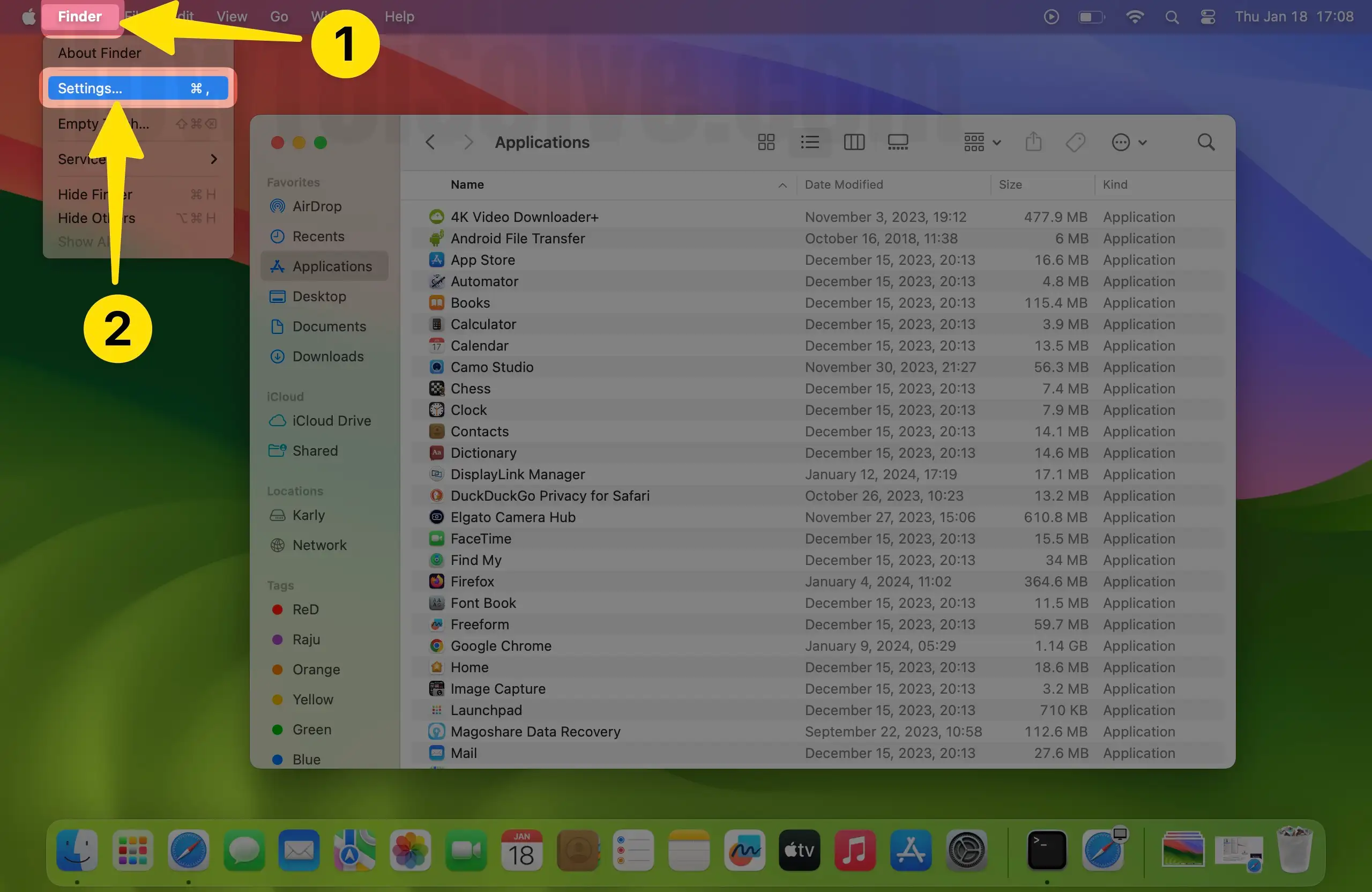 Open finder app click finder menu bar select settings... on mac