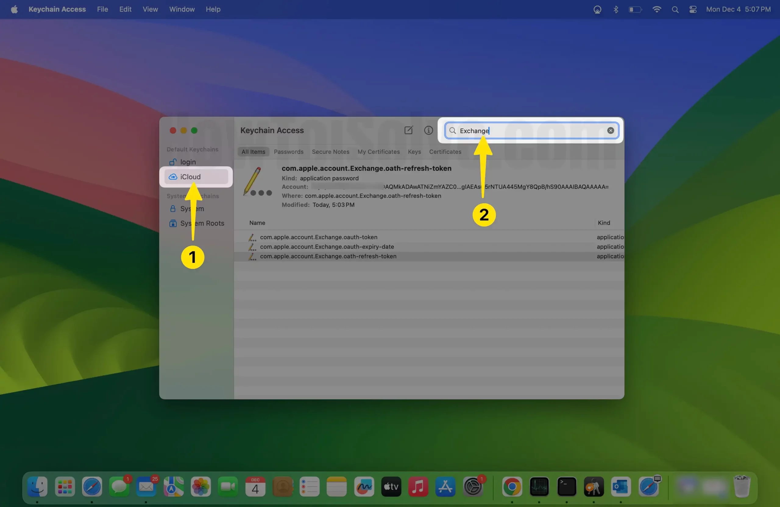 Open keychain access click iCloud search exchange on mac