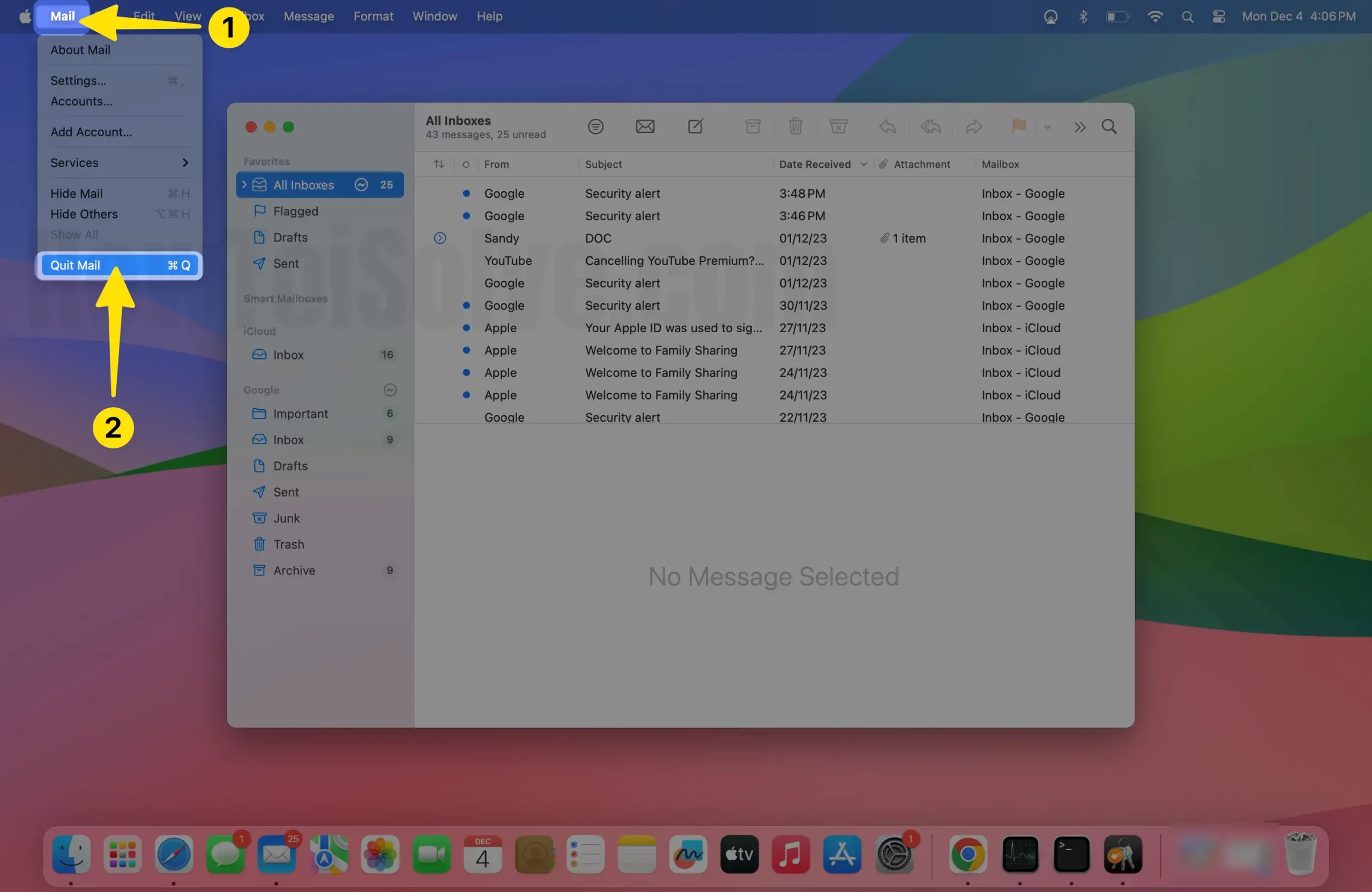 Open mail app select the quit mail on mac