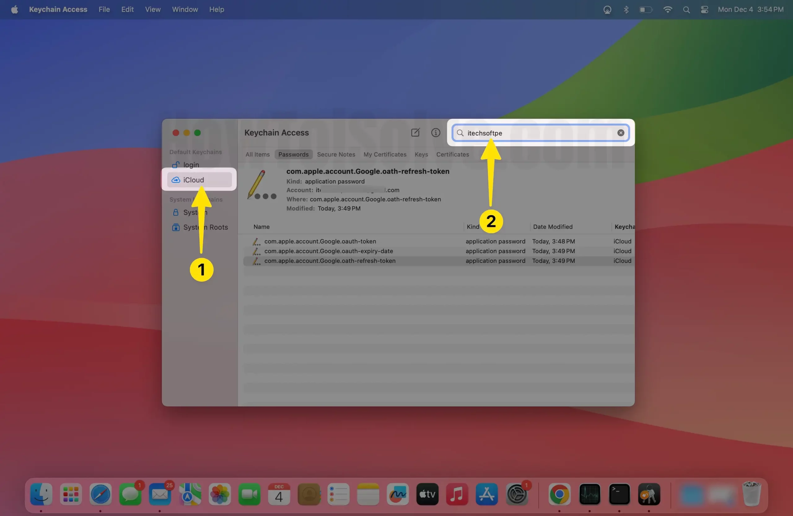 Open the keychain access click iCloud search on mac